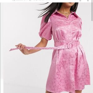 Pretty Darling Barbie pink rosé jacquard dress, pleated waist and ruffle collar